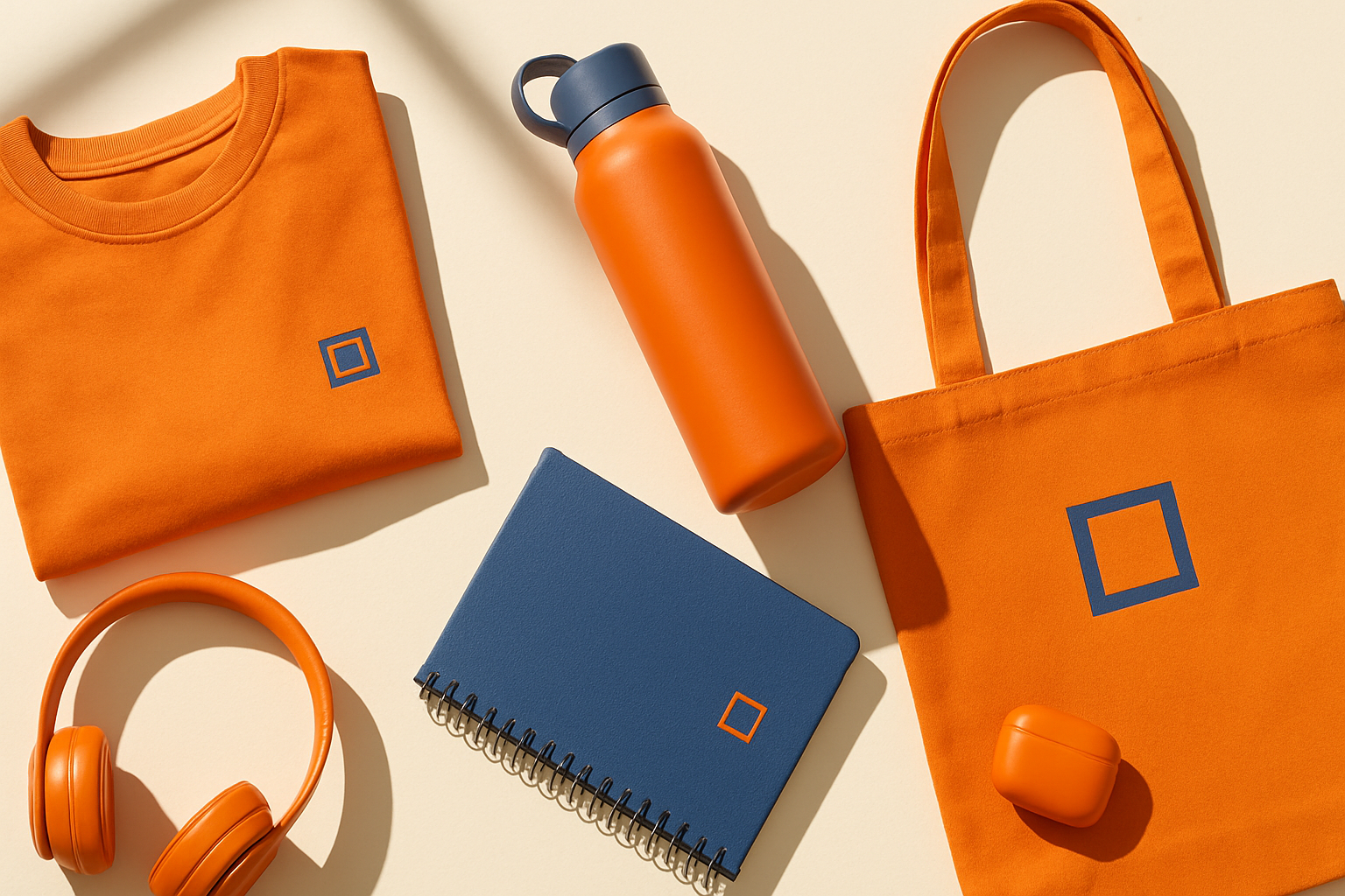 An arrangement of branded promotional products and apparel