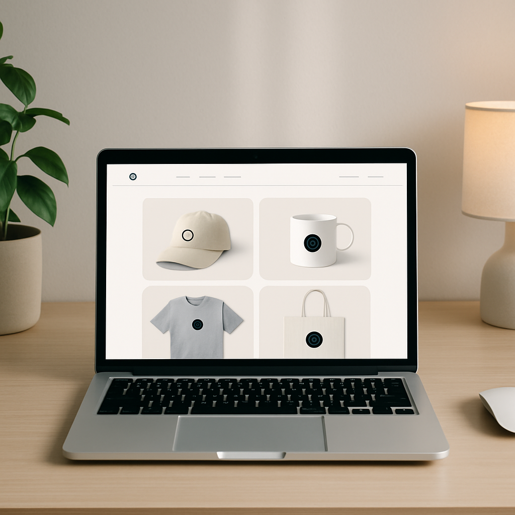Online company merch store on a laptop