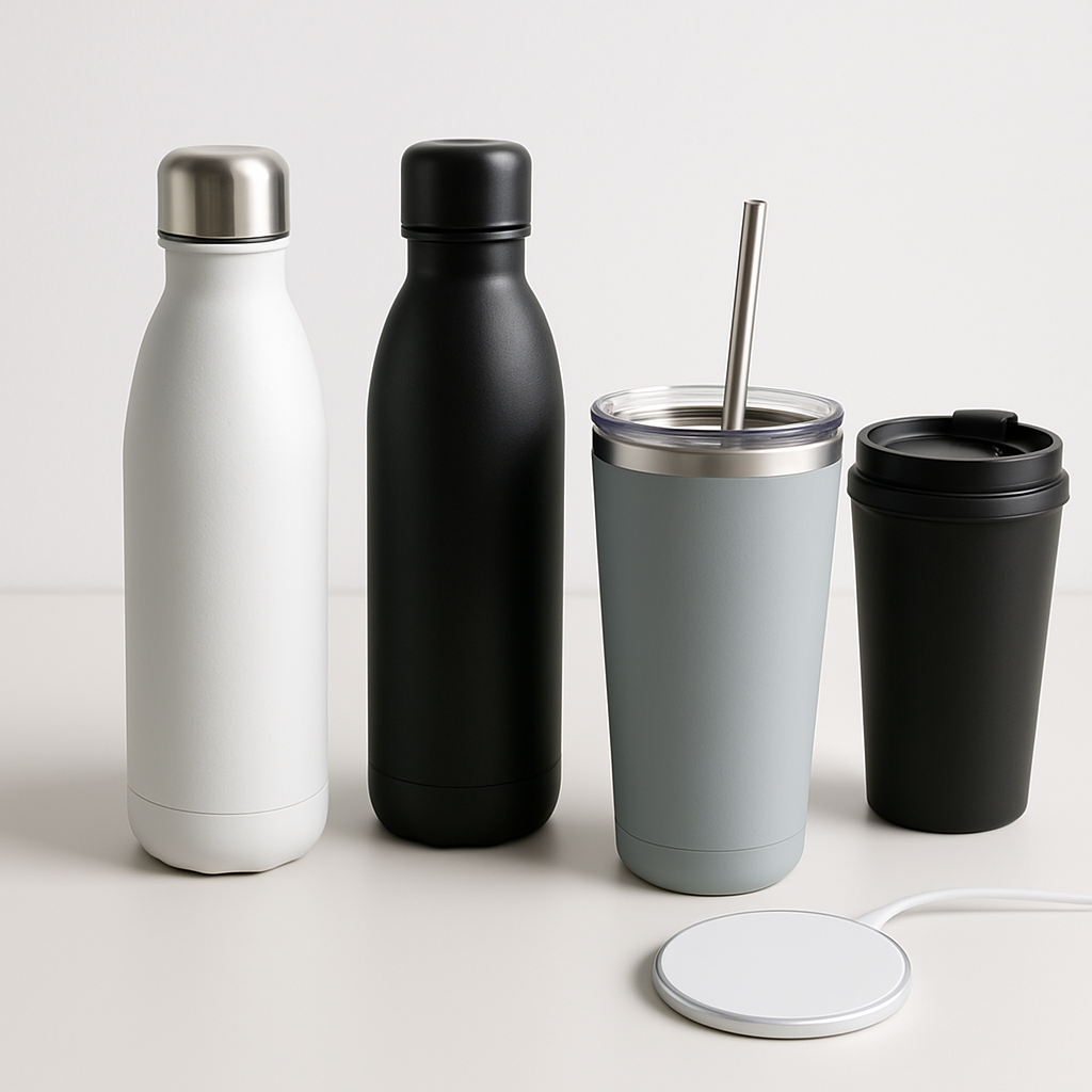 Branded water bottles and tech accessories